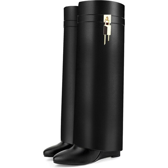 Women Faux Leather Black Pull-on Wedge Heel Knee Shark Padlock Design Boot - Picture 5 of 5